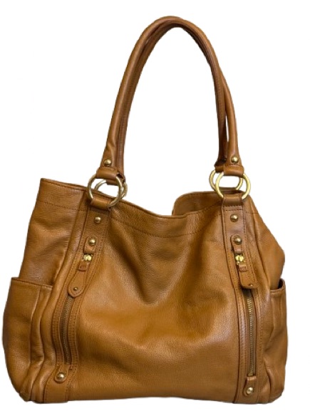 Mila Paoli Cognac Pebbled Leather Tote Bag Large Shoulder Purse Double Handle Ha